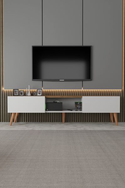ECM Siesta Modern TV Ünitesi Atlantik Çam | Beyaz |  2 Kapaklı  | 1 Raflı |  Ahşap Ayaklı 150 cm