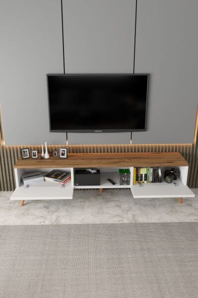 ECM Siesta Modern TV Ünitesi Atlantik Çam | Beyaz |  2 Kapaklı  | 1 Raflı |  Ahşap Ayaklı 150 cm