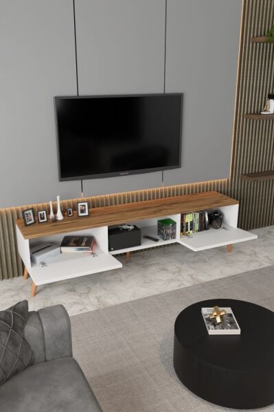 ECM Siesta Modern TV Ünitesi Atlantik Çam | Beyaz |  2 Kapaklı  | 1 Raflı |  Ahşap Ayaklı 150 cm