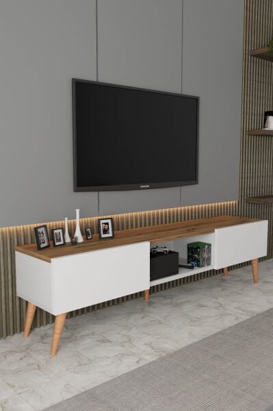 ECM Siesta Modern TV Ünitesi Atlantik Çam | Beyaz |  2 Kapaklı  | 1 Raflı |  Ahşap Ayaklı 150 cm