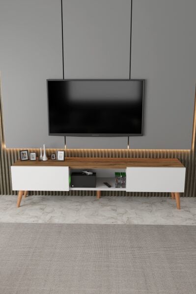ECM Siesta Modern TV Ünitesi Atlantik Çam | Beyaz |  2 Kapaklı  | 1 Raflı |  Ahşap Ayaklı 150 cm