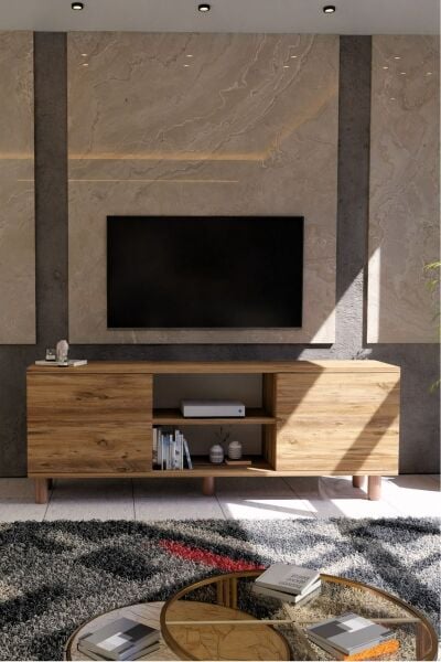 Modern Meşe TV Ünitesi 150 cm – 65''e Kadar Uyumlu Kapaklı Dolap + Raf Country Serisi