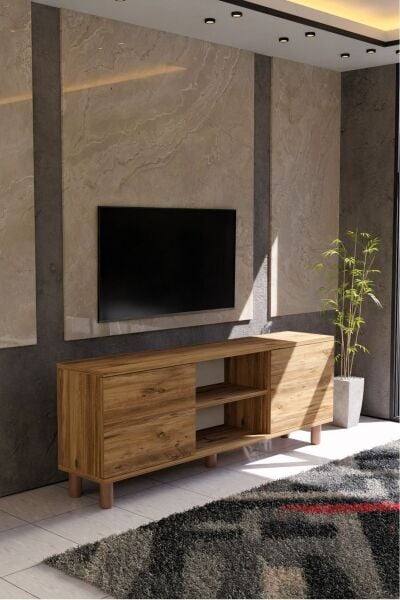 Modern Meşe TV Ünitesi 150 cm – 65''e Kadar Uyumlu Kapaklı Dolap + Raf Country Serisi