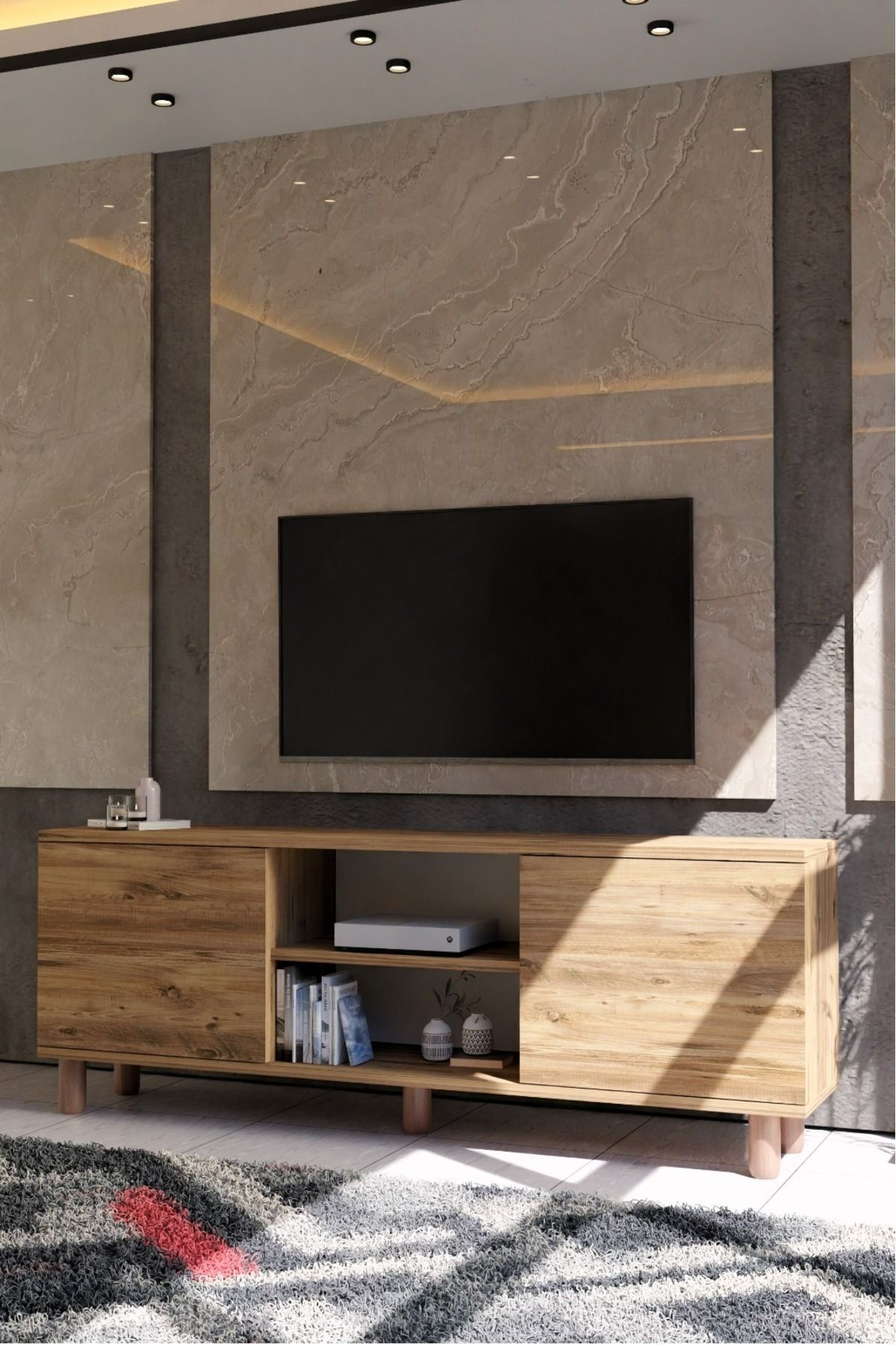 Modern Meşe TV Ünitesi 150 cm – 65''e Kadar Uyumlu Kapaklı Dolap + Raf Country Serisi