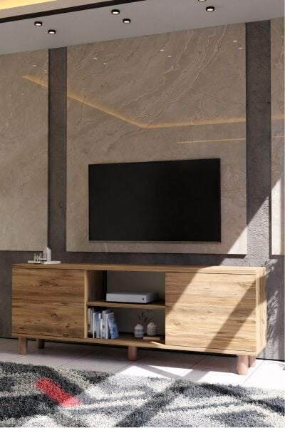 Modern Meşe TV Ünitesi 150 cm – 65''e Kadar Uyumlu Kapaklı Dolap + Raf Country Serisi