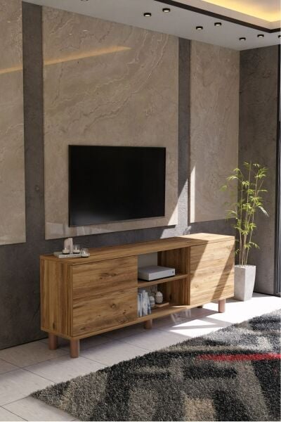 Modern Meşe TV Ünitesi 150 cm – 65''e Kadar Uyumlu Kapaklı Dolap + Raf Country Serisi