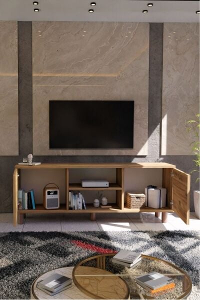 Modern Meşe TV Ünitesi 150 cm – 65''e Kadar Uyumlu Kapaklı Dolap + Raf Country Serisi