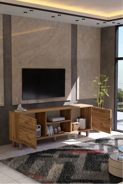 Modern Meşe TV Ünitesi 150 cm – 65''e Kadar Uyumlu Kapaklı Dolap + Raf Country Serisi