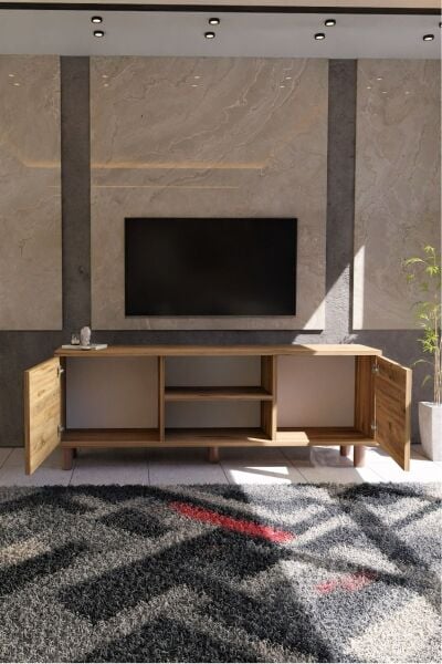 Modern Meşe TV Ünitesi 150 cm – 65''e Kadar Uyumlu Kapaklı Dolap + Raf Country Serisi
