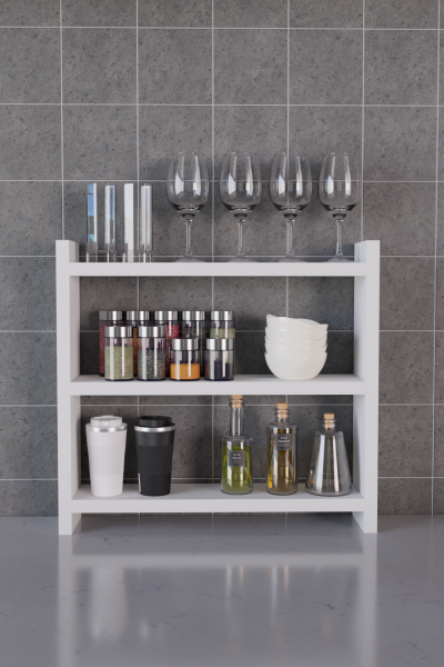 3 Katlı Ahşap Baharatlık ve Mutfak Rafı –Tezgah Üstü Raf Çok Amaçlı Organizer Raf Mutfak Düzenleyici Beyaz