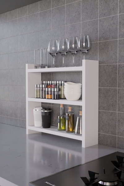 3 Katlı Ahşap Baharatlık ve Mutfak Rafı –Tezgah Üstü Raf Çok Amaçlı Organizer Raf Mutfak Düzenleyici Beyaz