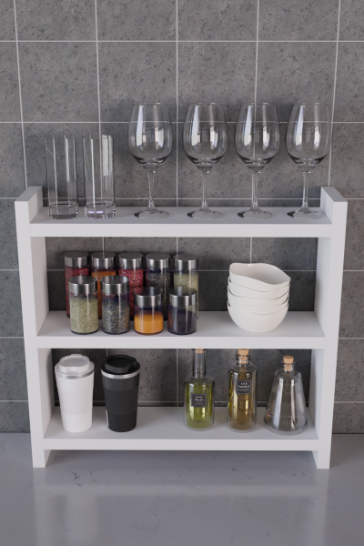 3 Katlı Ahşap Baharatlık ve Mutfak Rafı –Tezgah Üstü Raf Çok Amaçlı Organizer Raf Mutfak Düzenleyici Beyaz