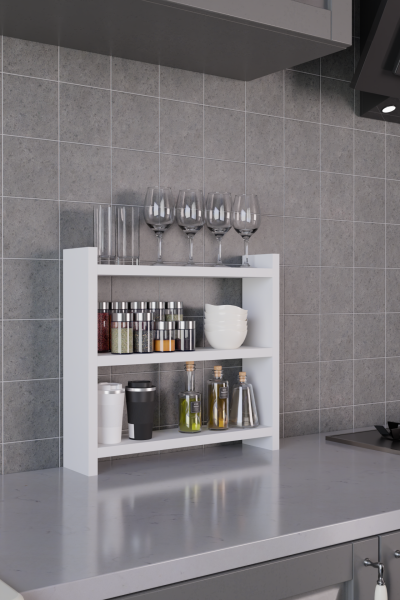 3 Katlı Ahşap Baharatlık ve Mutfak Rafı –Tezgah Üstü Raf Çok Amaçlı Organizer Raf Mutfak Düzenleyici Beyaz