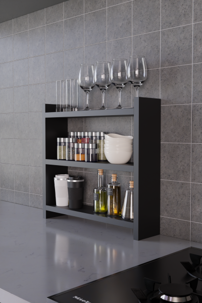 3 Katlı Ahşap Baharatlık ve Mutfak Rafı –Tezgah Üstü Raf Çok Amaçlı Organizer Raf Mutfak Düzenleyici Siyah