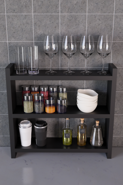 3 Katlı Ahşap Baharatlık ve Mutfak Rafı –Tezgah Üstü Raf Çok Amaçlı Organizer Raf Mutfak Düzenleyici Siyah