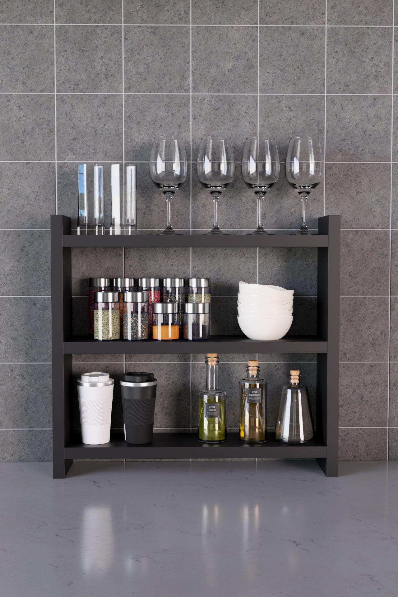 3 Katlı Ahşap Baharatlık ve Mutfak Rafı –Tezgah Üstü Raf Çok Amaçlı Organizer Raf Mutfak Düzenleyici Siyah