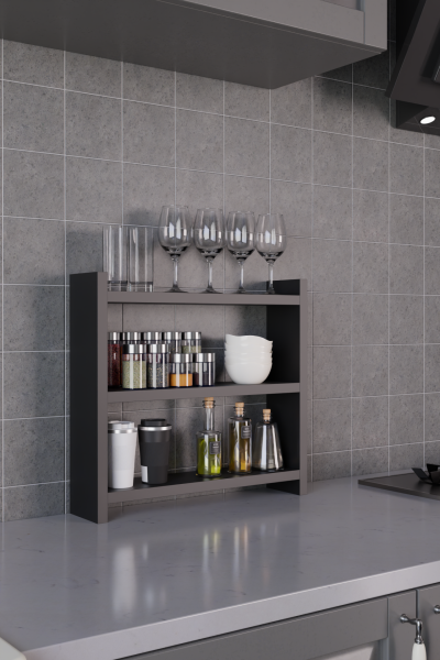 3 Katlı Ahşap Baharatlık ve Mutfak Rafı –Tezgah Üstü Raf Çok Amaçlı Organizer Raf Mutfak Düzenleyici Siyah