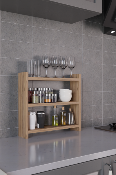 3 Katlı Ahşap Baharatlık ve Mutfak Rafı –Tezgah Üstü Raf Çok Amaçlı Organizer Raf Mutfak Düzenleyici Atlantik Çam