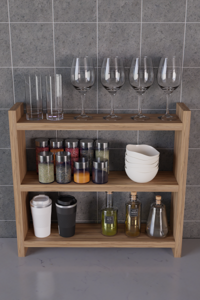 3 Katlı Ahşap Baharatlık ve Mutfak Rafı –Tezgah Üstü Raf Çok Amaçlı Organizer Raf Mutfak Düzenleyici Atlantik Çam