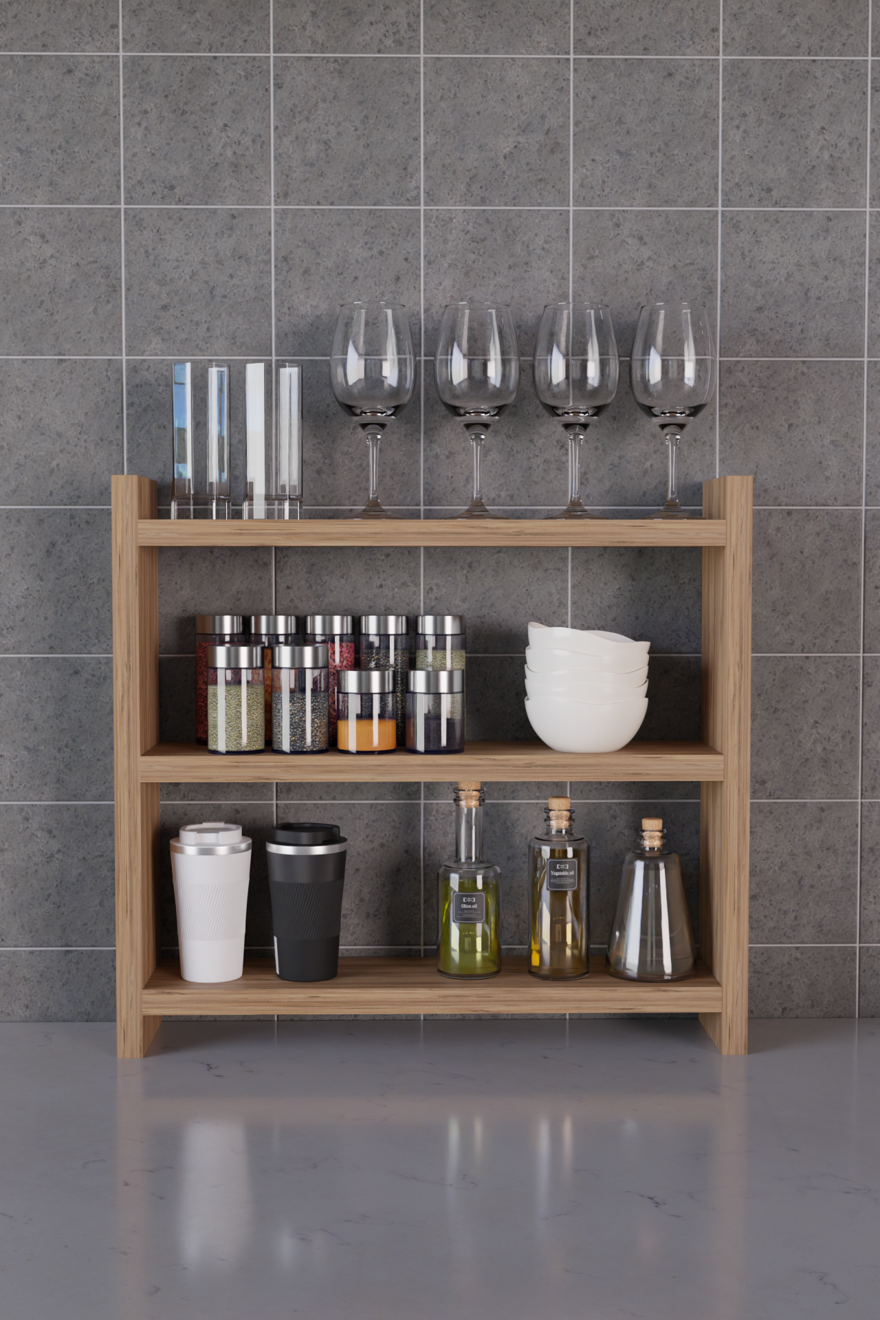 3 Katlı Ahşap Baharatlık ve Mutfak Rafı –Tezgah Üstü Raf Çok Amaçlı Organizer Raf Mutfak Düzenleyici Atlantik Çam