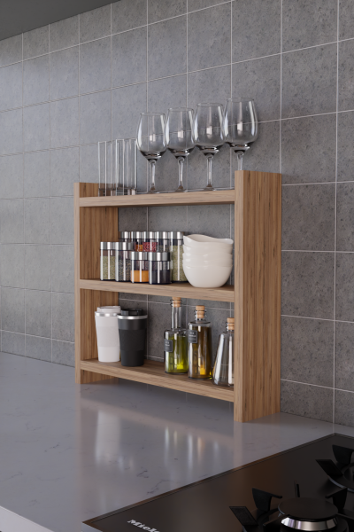 3 Katlı Ahşap Baharatlık ve Mutfak Rafı –Tezgah Üstü Raf Çok Amaçlı Organizer Raf Mutfak Düzenleyici Atlantik Çam