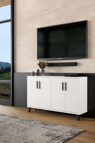 VICTORY Modern Beyaz TV Ünitesi – 4 Kapaklı Çok Amaçlı Konsol Dolap ,TV Sehpası, Tv Dolap 120 cm