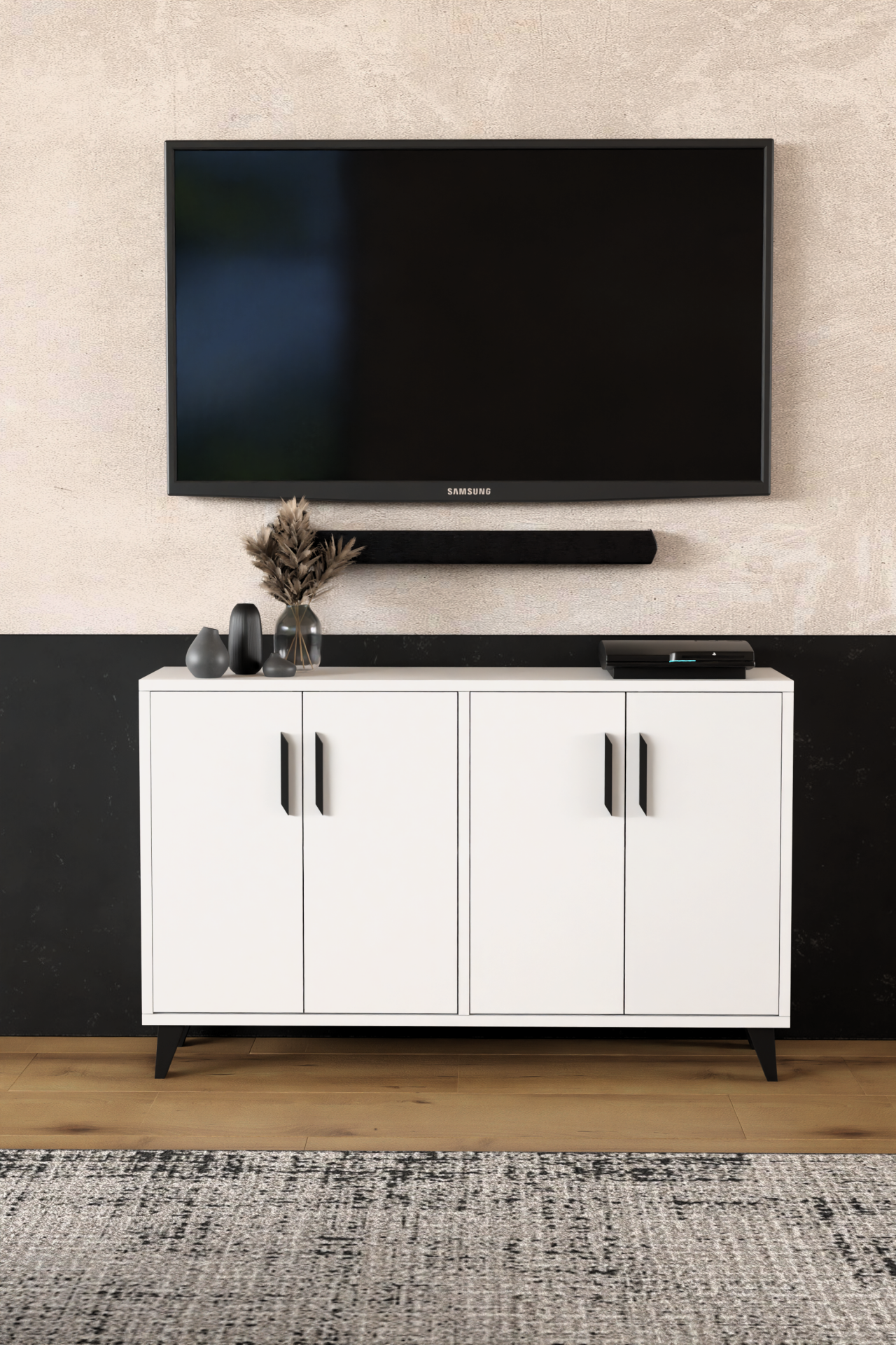 VICTORY Modern Beyaz TV Ünitesi – 4 Kapaklı Çok Amaçlı Konsol Dolap ,TV Sehpası, Tv Dolap 120 cm