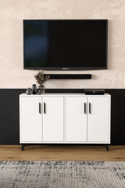 VICTORY Modern Beyaz TV Ünitesi – 4 Kapaklı Çok Amaçlı Konsol Dolap ,TV Sehpası, Tv Dolap 120 cm
