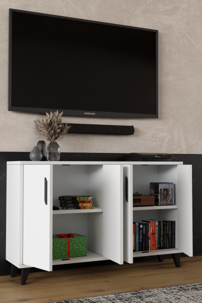 VICTORY Modern Beyaz TV Ünitesi – 4 Kapaklı Çok Amaçlı Konsol Dolap ,TV Sehpası, Tv Dolap 120 cm