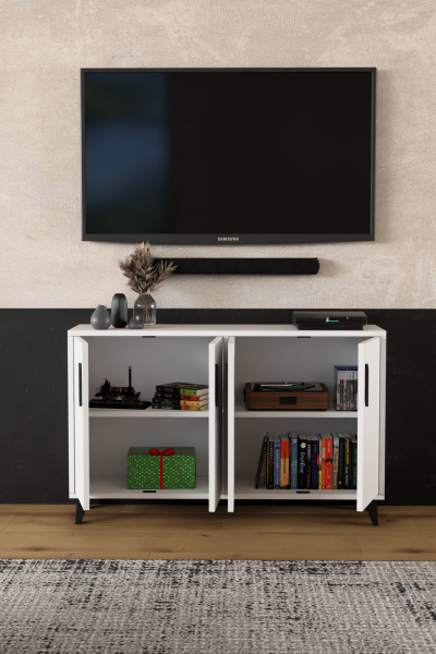 VICTORY Modern Beyaz TV Ünitesi – 4 Kapaklı Çok Amaçlı Konsol Dolap ,TV Sehpası, Tv Dolap 120 cm