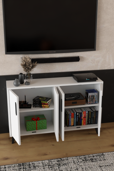 VICTORY Modern Beyaz TV Ünitesi – 4 Kapaklı Çok Amaçlı Konsol Dolap ,TV Sehpası, Tv Dolap 120 cm