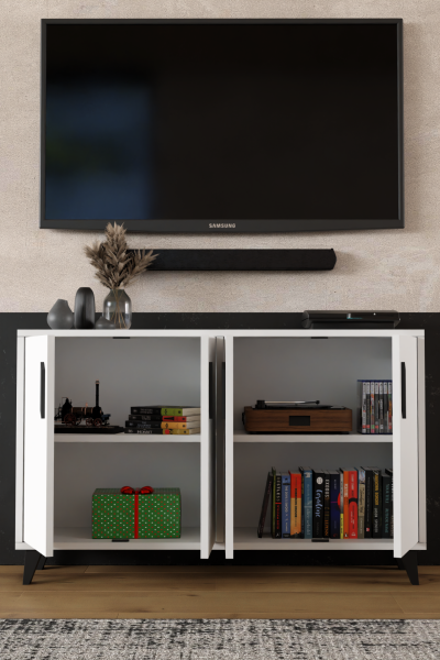 VICTORY Modern Beyaz TV Ünitesi – 4 Kapaklı Çok Amaçlı Konsol Dolap ,TV Sehpası, Tv Dolap 120 cm