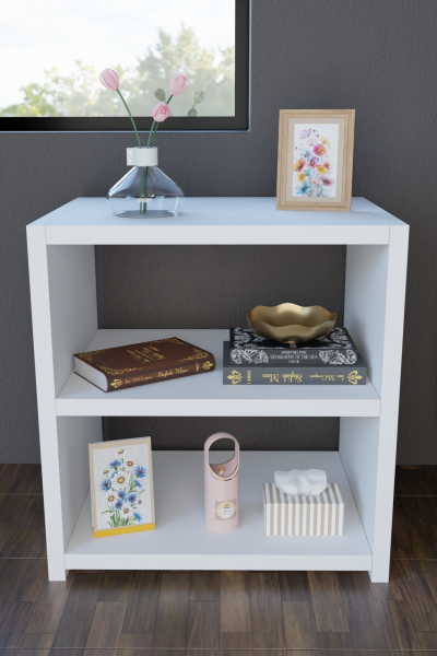 Modern Beyaz Komodin 2 Raflı Yan Sehpa Kitaplık Yatak Odası Baş Ucu Sehpası Çok Amaçlı Ofis Dolap