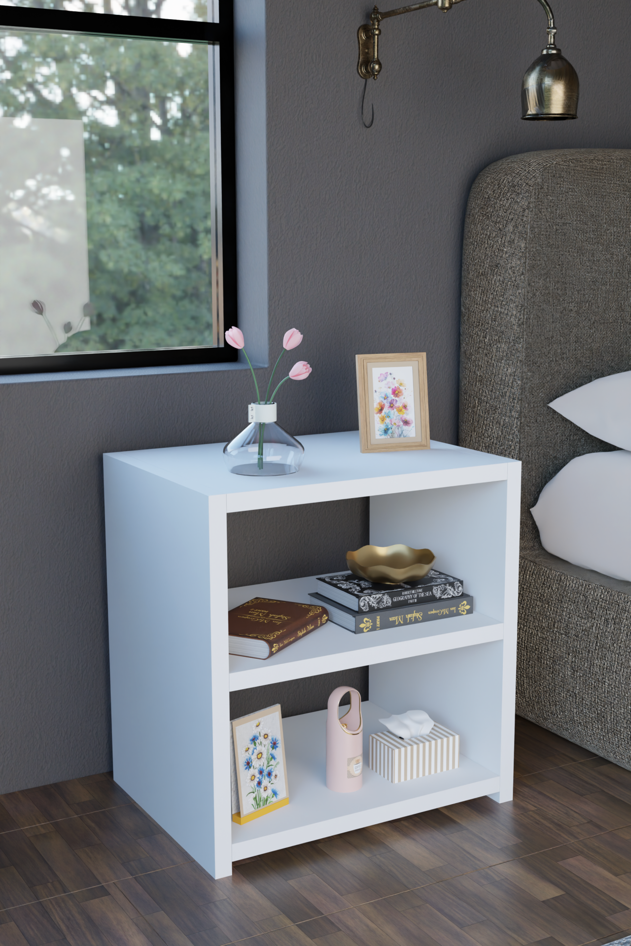 Modern Beyaz Komodin 2 Raflı Yan Sehpa Kitaplık Yatak Odası Baş Ucu Sehpası Çok Amaçlı Ofis Dolap