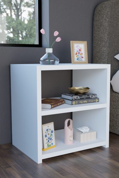 Modern Beyaz Komodin 2 Raflı Yan Sehpa Kitaplık Yatak Odası Baş Ucu Sehpası Çok Amaçlı Ofis Dolap