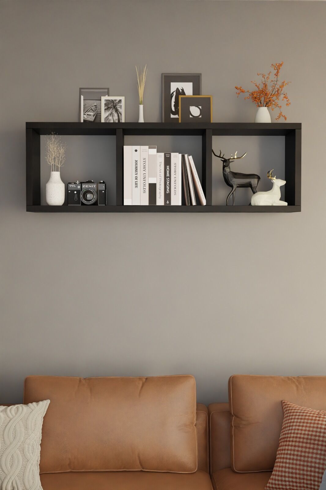 3 Bölmeli Duvara Monte Dekoratif Raf Ünitesi Modern Salon Kitaplık Rafı,Yatay Ahşap Duvar Rafı Siyah