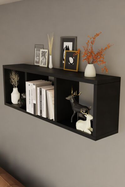 3 Bölmeli Duvara Monte Dekoratif Raf Ünitesi Modern Salon Kitaplık Rafı,Yatay Ahşap Duvar Rafı Siyah