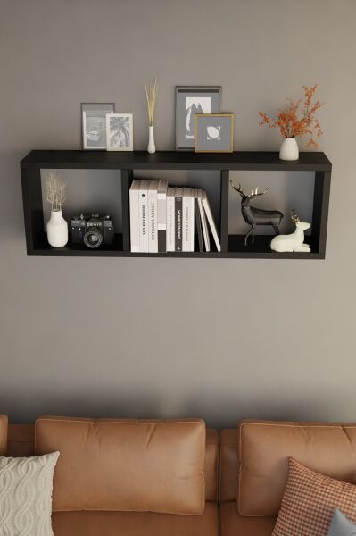 3 Bölmeli Duvara Monte Dekoratif Raf Ünitesi Modern Salon Kitaplık Rafı,Yatay Ahşap Duvar Rafı Siyah