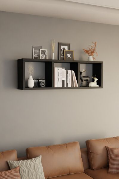 3 Bölmeli Duvara Monte Dekoratif Raf Ünitesi Modern Salon Kitaplık Rafı,Yatay Ahşap Duvar Rafı Siyah