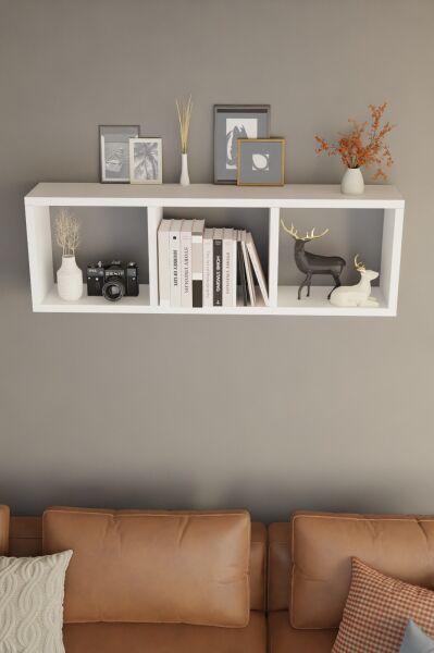 3 Bölmeli Duvara Monte Dekoratif Raf Ünitesi Modern Salon Kitaplık Rafı,Yatay Ahşap Duvar Rafı Beyaz