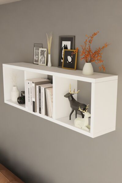 3 Bölmeli Duvara Monte Dekoratif Raf Ünitesi Modern Salon Kitaplık Rafı,Yatay Ahşap Duvar Rafı Beyaz