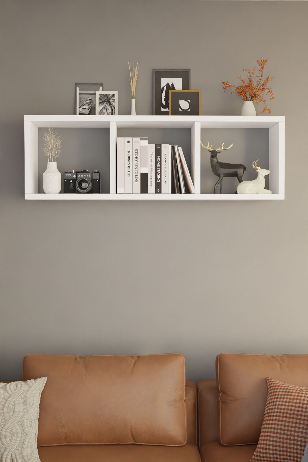 3 Bölmeli Duvara Monte Dekoratif Raf Ünitesi Modern Salon Kitaplık Rafı,Yatay Ahşap Duvar Rafı Beyaz