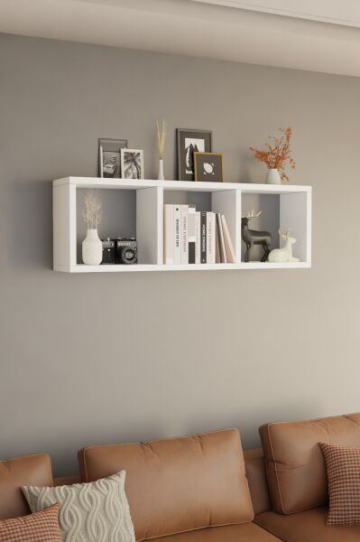 3 Bölmeli Duvara Monte Dekoratif Raf Ünitesi Modern Salon Kitaplık Rafı,Yatay Ahşap Duvar Rafı Beyaz