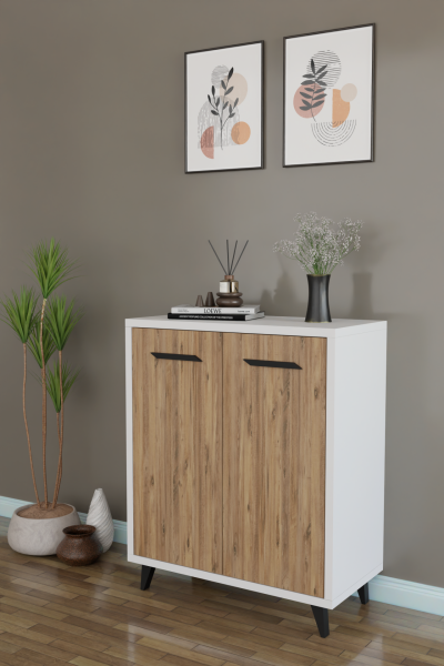 ADA 2 Kapaklı Çok Amaçlı Dolap – Modern Ayakkabılık & Çok Amaçlı Mutfak/Banyo Dolabı Konsol Beyaz-Çam