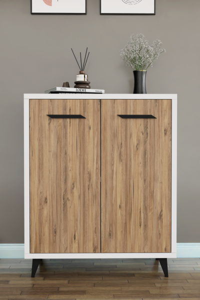 ADA 2 Kapaklı Çok Amaçlı Dolap – Modern Ayakkabılık & Çok Amaçlı Mutfak/Banyo Dolabı Konsol Beyaz-Çam