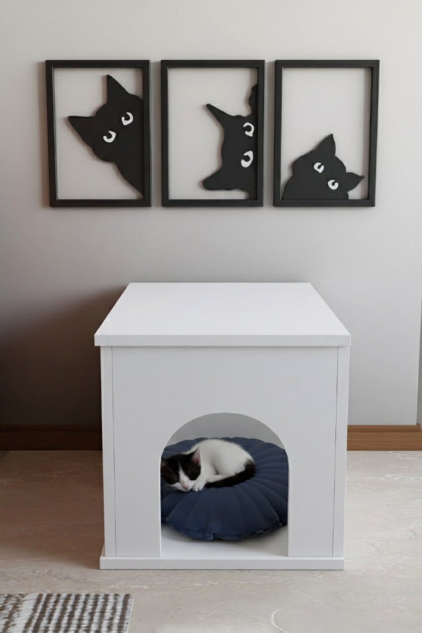 PET Sandık Kapalı Kedi Yatağı Antre Mobilyası Kedi Evi & Kedi Kulübesi – Modern Dekoratif İç Mekan Kedi Yatağı Beyaz