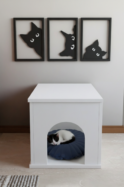 PET Sandık Kapalı Kedi Yatağı Antre Mobilyası Kedi Evi & Kedi Kulübesi – Modern Dekoratif İç Mekan Kedi Yatağı Beyaz