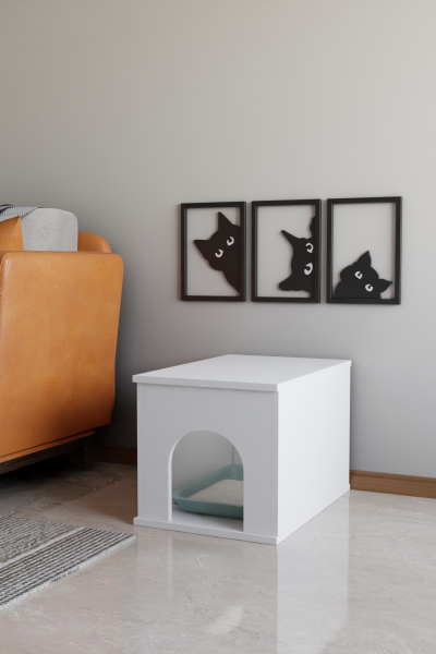 PET Sandık Kapalı Kedi Tuvaleti Dolabı Dekoratif Kapalı Kedi Kum Kabini, Antre Mobilyası Tasarım Beyaz