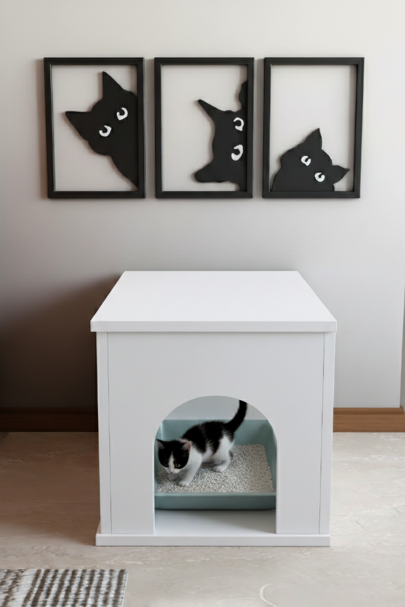 PET Sandık Kapalı Kedi Tuvaleti Dolabı Dekoratif Kapalı Kedi Kum Kabini, Antre Mobilyası Tasarım Beyaz