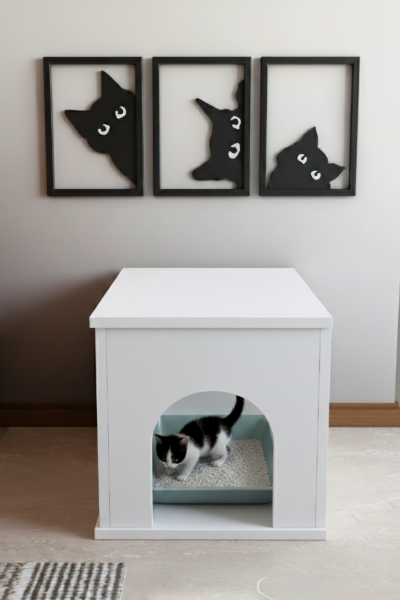 PET Sandık Kapalı Kedi Tuvaleti Dolabı Dekoratif Kapalı Kedi Kum Kabini, Antre Mobilyası Tasarım Beyaz